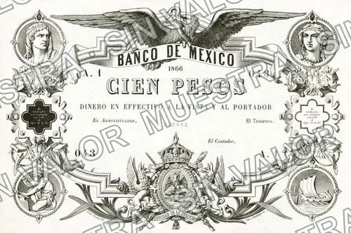 100 pesos, Banco de México (M22), anverso (M22 $100 Banco de México with serial number)