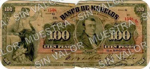 100 pesos, Banco de Morelos (M421), anverso (M421b $100 stamped 'ACAPULCO')