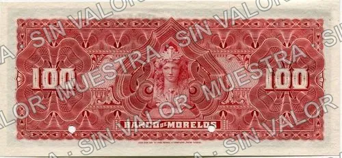 100 pesos, Banco de Morelos (M421), reverso (M421s $100 Banco de Morelos specimen)