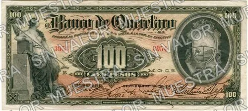 100 pesos, Banco de Querétaro (M477), M477c $100 Banco de Querétaro, anverso