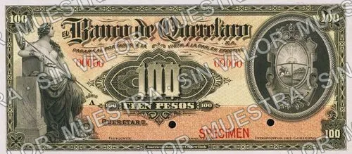 100 pesos, Banco de Querétaro (M477), anverso (M477s $100 Banco de Querétaro specimen)