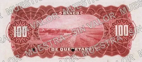 100 pesos, Banco de Querétaro (M477), reverso (M477s $100 Banco de Querétaro specimen)