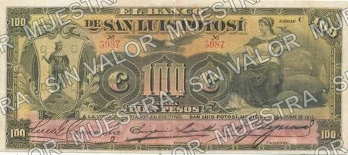 100 pesos, Banco de San Luis Potosí (M488), M488b $100 Banco de San Luis Potosí, anverso