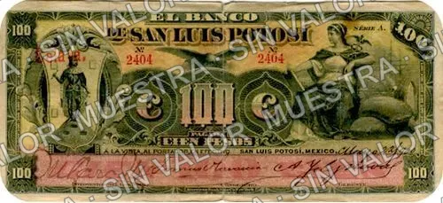 100 pesos, Banco de San Luis Potosí (M488), anverso (M488c $100 overprinted 'Celaya')