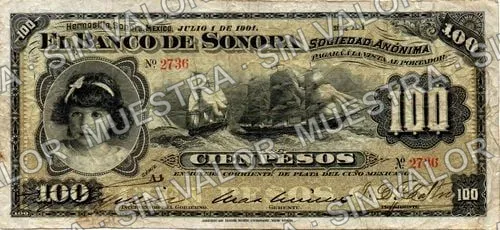 100 pesos, Banco de Sonora (M511), anverso (M511b $100 Banco de Sonora)