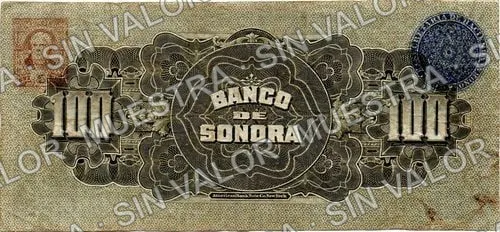 100 pesos, Banco de Sonora (M511), reverso (M511b $100 Banco de Sonora)