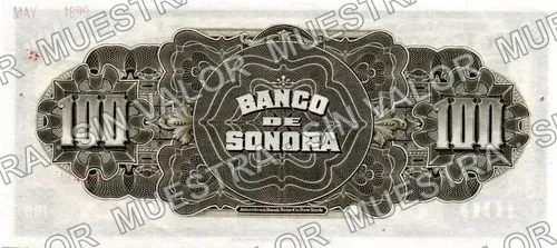 100 pesos, Banco de Sonora (M511), reverso (M511s1 $100 Banco de Sonora specimen)