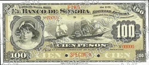 100 pesos, Banco de Sonora (M511), anverso (M511s2 $100 Banco de Sonora specimen)