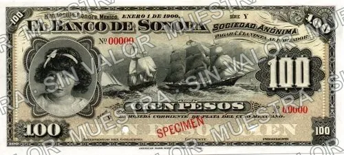 100 pesos, Banco de Sonora (M511), anverso (M511s2 $100 Banco de Sonora specimen)