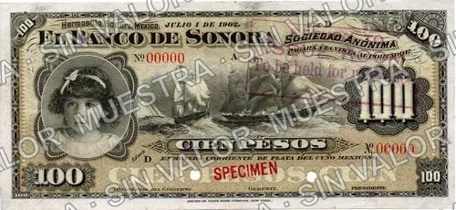 100 pesos, Banco de Sonora (M511), anverso (M511s2 $100 Banco de Sonora specimen)