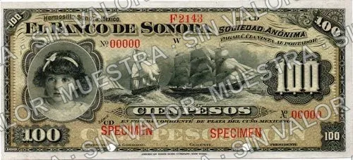 100 pesos, Banco de Sonora (M511), anverso (M511s2 $100 Banco de Sonora specimen)