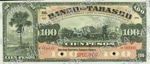 100 pesos, Banco de Tabasco (M517), M517s $100 Banco de Tabasco specimen, anverso