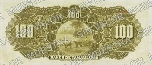 100 pesos, Banco de Tamaulipas (M524), reverso (M524r $100 unsigned remainder)
