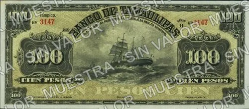 100 pesos, Banco de Tamaulipas (M524), anverso (M524s $100 Banco de Tamaulipas specimen)