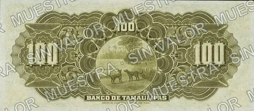 100 pesos, Banco de Tamaulipas (M524), reverso (M524s $100 Banco de Tamaulipas specimen)
