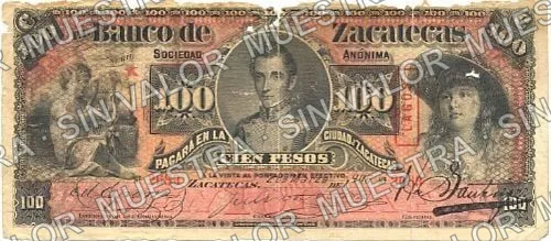 100 pesos, Banco de Zacatecas (M579), M579d $100 Banco de Zacatecas overprinted 'LAGOS', anverso
