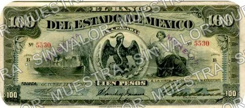 100 pesos, Banco del Estado de México (M400), anverso (M400d $100 stamped 'MORELIA' twice)