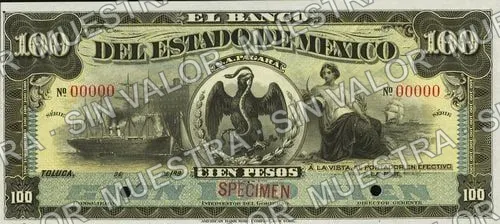 100 pesos, Banco del Estado de México (M400), anverso (M400s $100 Banco del Estado de México specimen)