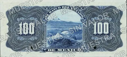 100 pesos, Banco del Estado de México (M400), reverso (M400s $100 Banco del Estado de México specimen)
