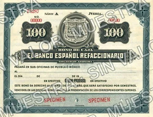 100 pesos, Banco Español Refaccionario (M453), anverso (M453 $100 Banco Español Refaccionario specimen)