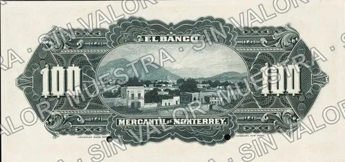 100 pesos, Banco Mercantil de Monterrey (M428), reverso (M428s1 $100 Banco Mercantil de Monterrey specimen)