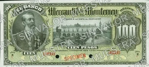 100 pesos, Banco Mercantil de Monterrey (M428), anverso (M428s2 $100 Banco Mercantil de Monterrey specimen)