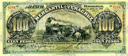 100 pesos, Banco Mercantil de Veracruz (M533), M533c $100 overprinted 'XALAPA', anverso