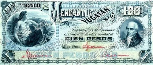 100 pesos, Banco Mercantil de Yucatán (M544), anverso (M544s $100 Banco Mercantil de Yucatán specimen)
