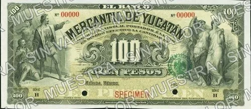 100 pesos, Banco Mercantil de Yucatán (M551), M551s $100 Banco Mercantil de Yucatán specimen, anverso