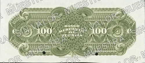100 pesos, Banco Mercantil de Yucatán (M551), M551s $100 Banco Mercantil de Yucatán specimen, reverso