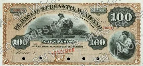 100 pesos, Banco Mercantil Mexicano (M287), anverso (M287s $100 Banco Mercantil Mexicano specimen)