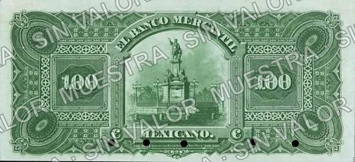 100 pesos, Banco Mercantil Mexicano (M287), reverso (M287s $100 Banco Mercantil Mexicano specimen)