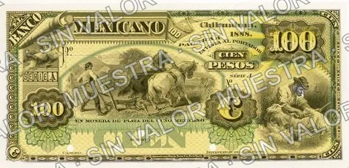 100 pesos, Banco Mexicano (M1260), M1260s $100 Banco Mexicano specimen, anverso