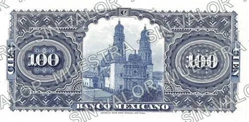 100 pesos, Banco Mexicano (M1260), M1260s $100 Banco Mexicano specimen, reverso