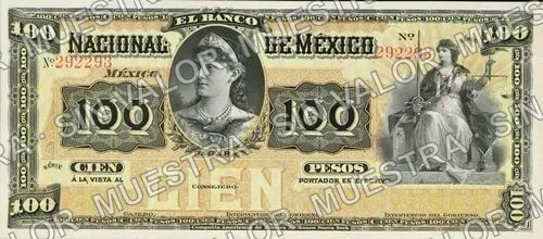 100 pesos, Banco Nacional de México (M302), anverso (M302r $100 'BILLETE SIN VALOR')