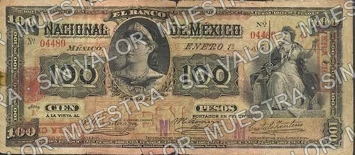 100 pesos, Banco Nacional de México (M302), anverso (M302u $100 overprinted 'PAGADERO EN VERACRUZ' and needlepunched 'VERACRUZ')