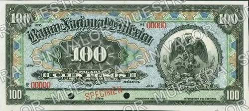 100 pesos, Banco Nacional de México (M303), anverso (M303s $100 Banco Nacional de México specimen)