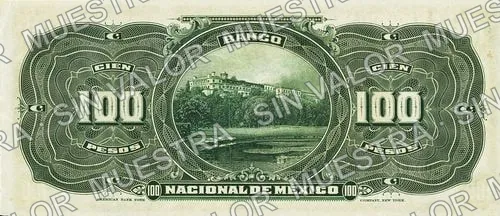 100 pesos, Banco Nacional de México (M303), reverso (M303s $100 Banco Nacional de México)