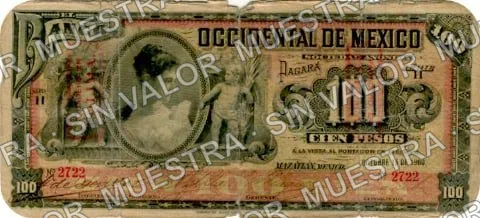 100 pesos, Banco Occidental de México (M499), M499b $100 overprinted 'PAGADERO EN COLIMA', anverso