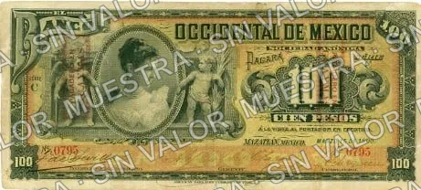 100 pesos, Banco Occidental de México (M499), M499c $100 overprinted 'PAGADERO EN GUAYMAS', anverso