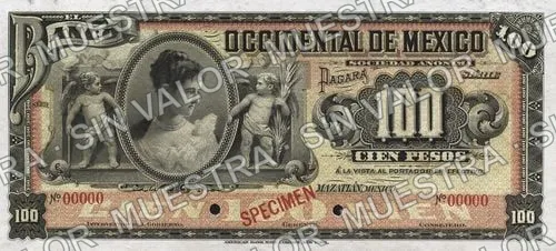 100 pesos, Banco Occidental de México (M499), anverso (M499s $100 Banco Occidental de México specimen)