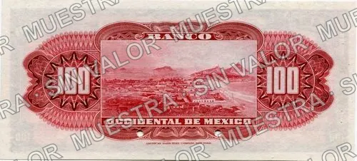100 pesos, Banco Occidental de México (M499), reverso (M499s $100 Banco Occidental de México specimen)