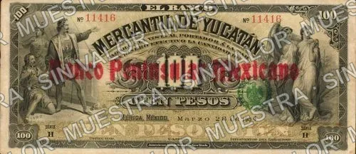 100 pesos, Banco Peninsular Mexicano (M559), M559 $100 Banco Mercantil de Yucatán overprinted Banco Peninsular Mexicano, anverso