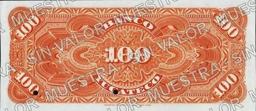 100 pesos, Banco Yucateco (M568), M568s $100 Banco Yucateco specimen, reverso