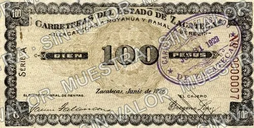 100 pesos, Carreteras del Estado de Zacatecas (M4512), M4512 $100 Carreteras del Estado de Zacatecas, anverso