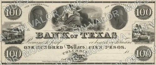 100 pesos, Commercial & Agricultural Bank of Texas proof (M186), M186 $100 Commercial & Agricultural Bank of Texas proof, anverso