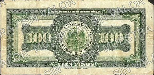 100 pesos, Estado de Sonora (M3826), M3826a $100 Estado de Sonora, reverso