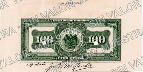 100 pesos, Estado de Sonora (M3826), anverso (M3826p $100 reverse proof approved by Maytorena)
