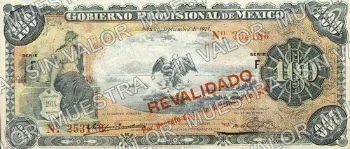 100 pesos, Gobierno Provisional de México (M1244), anverso (M1244c $100 Gobierno Provisional de México 'REVALIDADO')