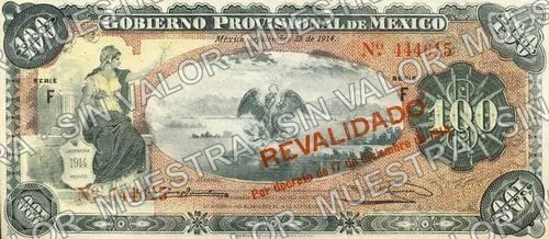 100 pesos, Gobierno Provisional de México (M1244), anverso (M1244c $100 Gobierno Provisional de México 'REVALIDADO')